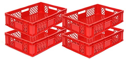 DIE BOX FABRIK 4er SET Bäckerkisten 600x400x150mm, Bäckerkiste, Brotkiste, Brotkörbe, Brötchenkiste, Aufbewahrungsbox offen, 60x40x15cm, Stapelbehälter, Eurobehälter, Stapelkisten (Rot)