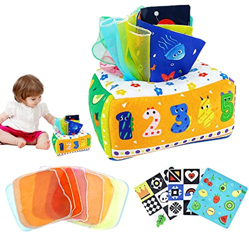 Rosixehird Tissus sensoriels pour bébé - Jouet sensoriel pour Tout-Petit avec 8 Foulards en Soie, sensoriels, Jouet boîte à mouchoirs pour bébé, Cadeau d'activités Tissus à Tirer
