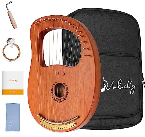 Mulucky Lyre Harp 16 Metal Steel String Bone Saddle Mahogany Lyre Instrument with Tuning Wrench and Black Gig Bag - MLH1601