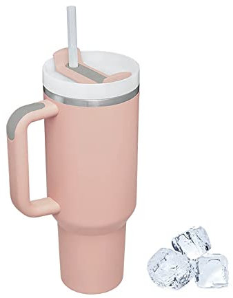 Uezeth Tumbler with Straw Lid and Handle, Stainless Steel Coffee Travel Insulated Cup Mug, 40oz/30oz Cup Travel Mug, Water Bottle Thermos for Hot and Cold Coffee (Pink-3)