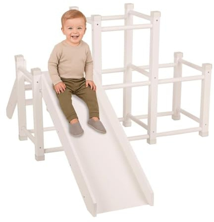 KiddyMoon Aire De Jeux avec Toboggan en Bois pour Enfants Jouet Montessori Rampe Cadre d'escalade pour Bébés en Bas Âge Ensemble D'activités, Blanc