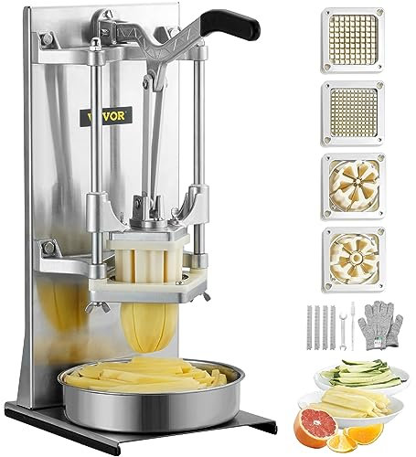 VEVOR Kartoffelschneider Pommes Frites Schneider 1/4 + 3/8 Zoll + 6 Keile, Frittenschneider Gemüseschneider Kommerzieller Zerkleinerer Obstschneidemaschine mit 4 Ersatzklingen, Edelstahl Zerhacker