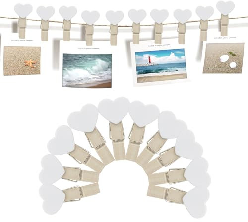 Feelorna 20 pezzi di mini mollette di legno, mini mollette a cuore con 2 metri di corda di iuta, Mollette per Foto per la decorazione di foto fai da te (Bianco)