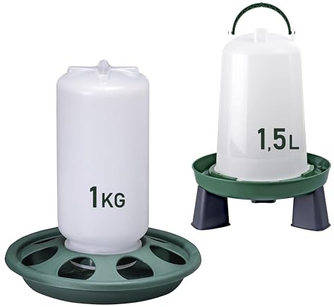 1 kg kycklingmatare och vattenautomat för kycklingar 1,5 l - tillverkad av hållbar transparent plast - avtagbara fötter - matare för höns och vattenkanna för höns spik och vaktel