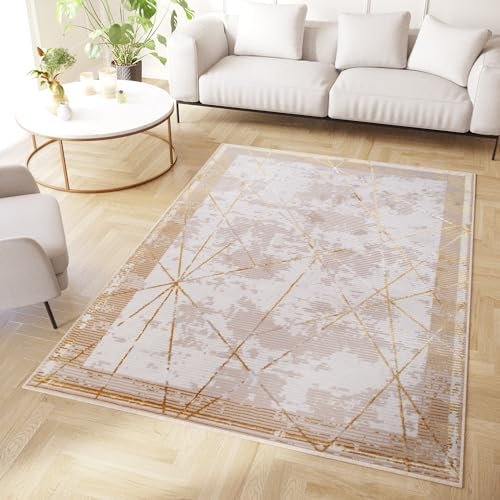 TAPISO Crystal Teppich Kurzflor Glänzend Gold Beige Rahmen Streifen Geometrisch 3D Effekt Wohnzimmer Schlafzimmer Modern Design ÖKO-TEX 200 x 300 cm