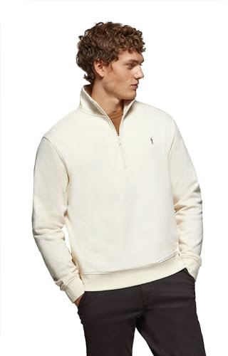 Polo Club Herren Sweatshirt Beige ohne Kapuze und Reißverschluss - Pullover mit Half Zip - Sweatjacke 100% Baumwolle mit Reissverschluss - Gesticktem Logo