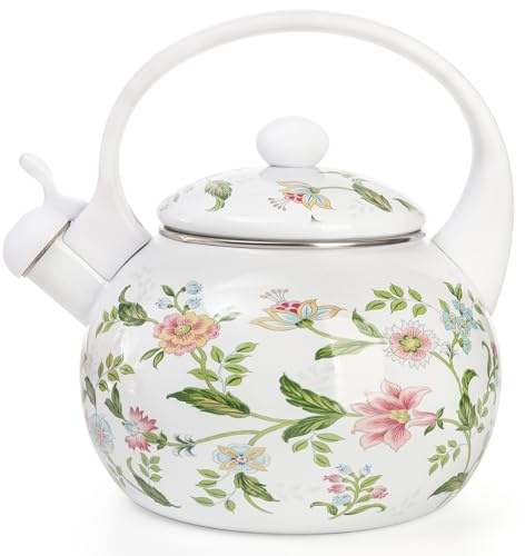 Jucoan 2.3 Quart Vintage Enamel Tea Kettle, Whistling Tea Kettle for Stove Top, Floral Enamel on Steel Teakettle Teapot for Home Kitchen Camping, Gift for Wedding Housewarming Mother's Day