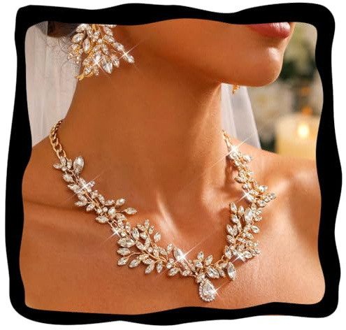Aukmla Green Crystal Bridal Jewelry Set Gold Rhinestones Wedding Necklaces Earrings Sets Pearl Prom Costume Jewelry for Women and Brides (Gold)