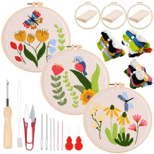 Woohome Punch Needle Starter-kit, stansnål-broderikit med instruktioner, plastcirkel, garn och nålpenna med broderi (fjäril, trollslända och fågel)