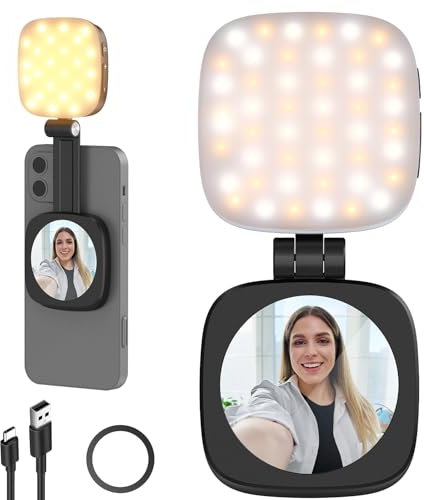 NEEWER BÁSICO Magnética Luz Selfie Compatible con MagSafe iPhone, CRI95 700lx/0,3m Aro Relleno LED Plegable Foco Movil con Soporte/Espejo Zoom Maquillaje Video Fotografía Videoconferencia, Negro NL48B