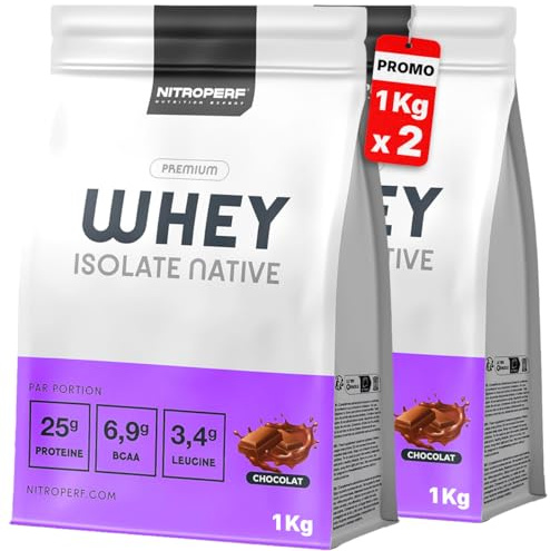 NITROPERF Whey Isolate Native 2 x 1kg,1 Acheté = 1 Gratuit Stock Limité goût Chocolat - 25g de Protéines par Portion, Riche en BCAA,Prise de Masse & Musculation Pureté et Performance