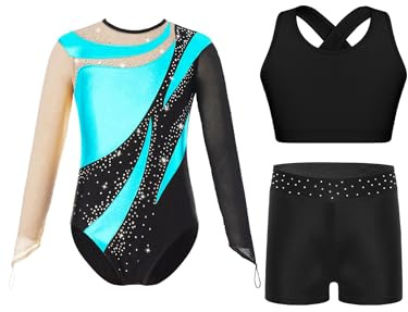 Fldy Flicka gymnastikdräkt långärmad med korta byxor barn glitter gym kostym med shorts sport bh set gymnastik danskläder, Turkos, 134-140