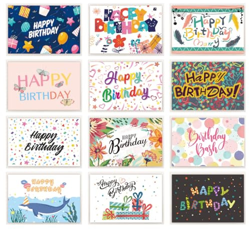 COYUN 12 Pièces Lot de Cartes d'anniversaire, Carte avec Enveloppe, Carte de Vœux Anniversaire, Carte de Joyeux Anniversaire pour Hommes, Femmes, Enfants