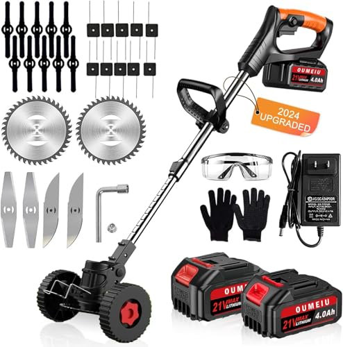 Oumeitu Akku Rasentrimmer mit Akku und Ladegerät, 3-in-1 Elektrischer Akku Motorsense & Rasentrimmer Rasen mit 2X 2.0Ah Akku & Metall Messer, Akku Freischneider für Rasenschneiden und Garten