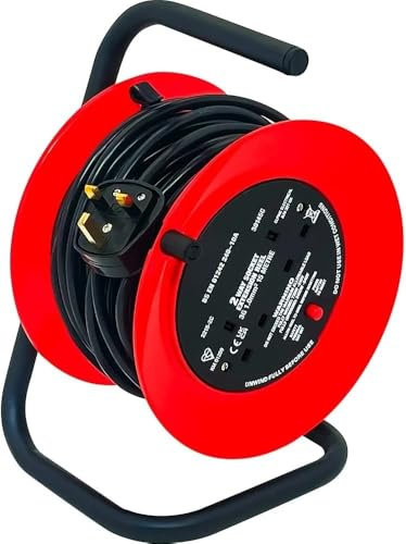 Housetronics 2 Way Gang 15 Meter Extension Reel Heavy Duty Open Drum Metal Stand Lead Cable Mains Socket 15A Metre Portable, Suitable for Indoor & Outdoor Use | Appliance Connecter