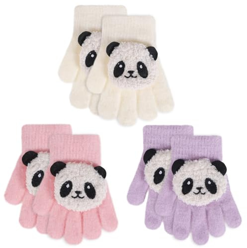 Jupsk 3 Pares Guantes de Invierno para Niños, Guantes Térmicos Dedos Completos Manopla para Infantiles Niñas 3-8 Años （Panda