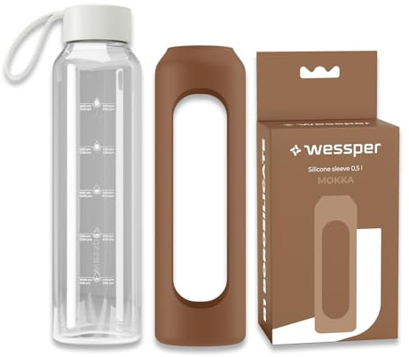 Wessper glasflaska med silikonhölje, borosilikatglasflaska med tidsangivelse 500 ml, sportflaska Perfekt för fitness, skolidrott, barn, BPA-fri drickmotivation- Mokka