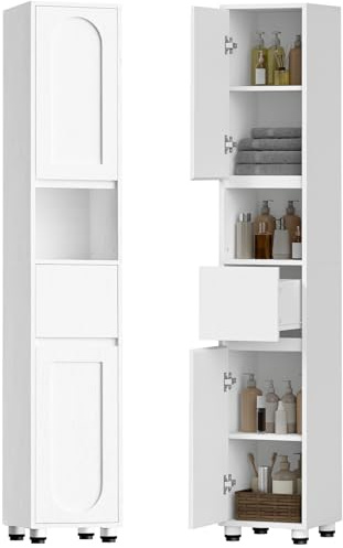 HOOBRO Armario de Baño de 30 x 30 x 170 cm, Puertas y Estantes Interiores Ajustables, 1 Compartimento Abierto y 1 Cajón, para Espacios Reducidos, Baño, Pasillo y Cocina, Acabado en Blanco EWW22BC01