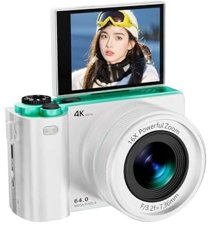 Andoer 64MP Appareil Photo Numérique, Zoom Optique 16X avec Écran IPS 2.8 Pouces, avec Lecteur MP3 Intégré, Idéal pour Les Adolescents et Les Créateurs en Herbe, Pinceau de Filtres (Blanc)