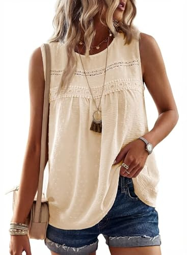 TUUHAW Camiseta sin Mangas Mujer Cuello Redondo Verano Elegante Tank Top | Boho Encaje Casual Túnica, Suelto Plisada Tops, Sólido Bordado Camisa, Basic Blusas, Estilo Retro, Oficina Uso Diario Ropa
