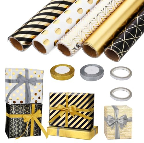 CIOXSOIO 5 Rotolo Carta Regalo Compleanno, 300cmx43cm Carta Regalo San Valentino, Carta Regalo Rotolo con 2 Nastri e 2 Nastro Adesivo, Wrapping Paper per Compleanno, San Valentino, Regali Anniversari