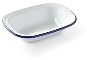 HENDI Plat rectangulaire en acier émaillé blanc, avec bord bleu, plat de cuisson, plat à four, 175x130x(H)40mm