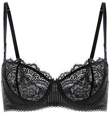 DOBREVA Women's Lace Balconette Bra Half Cup Non Padded Push Up Underwire Sheer Bras Black_Eyelash lace 36D