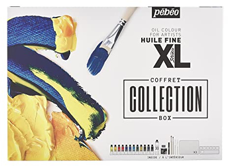 Pébéo 920113 Ölfarben Set XL Collection Box-12 x 20 ml Farbtuben + 80 ml Titanweiß, Leinöl, Black 4Artist Marker, 2 Malpinsel, 4 Malmesser, 1 Palette, 3 x Leinwände, Gemischt, 39.5x28.2x4.9cm