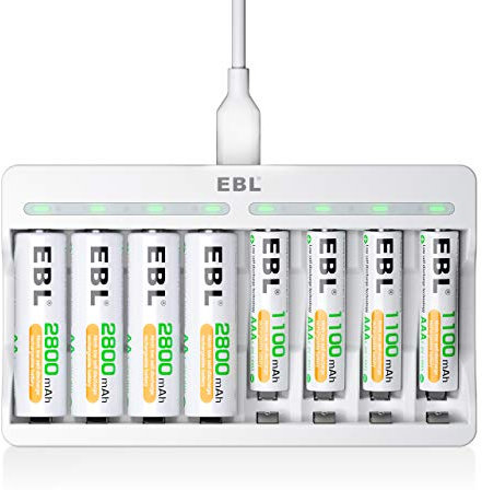 EBL Akku Ladegerät mit 4*AA 2800mAh und 4*AAA 1100mAh Akkus USB Input Batterieladegerät Schnell Akkuladegerät für AA/AAA NI-Mh Batterien