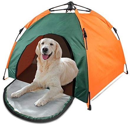 Galatée Haustierzelt im Freien Automatisch zusammenklappbarer Katzenhaus-Zwinger Regen- und Sonnenschutz Tragbarer Haustier-Zwinger Auto-Hundezelt Oxford Cloth Storage Bag(Grün + Orange) M