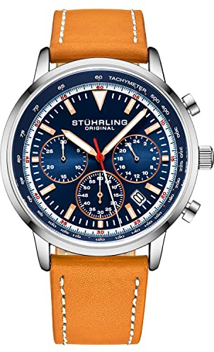 Stuhrling Original Chronograph Watch Men's Watches 44mm Steel Case Blue Dial with Leather Strap Tachymeter 24-Hour Subdial