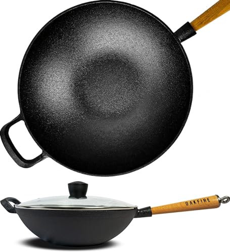 Oakfire Wokpfanne Emailliert Gusseisen Induktion 31cm Groß Grill Wok Pfanne Holzgriff Cast Iron mit Non-Stick Patina, Emaille