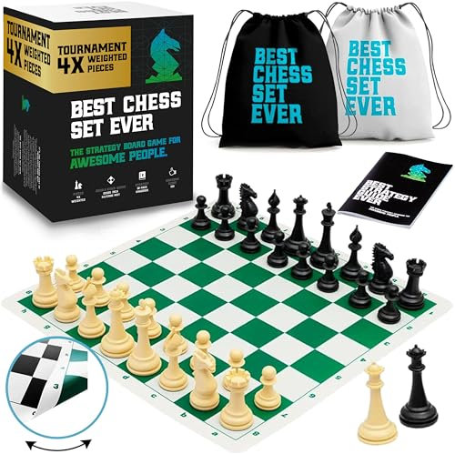 Best Chess Set Ever 4X – Großes Schachspiel mit 20 Silikonbrett (Beidseitig & Faltbar), König 11,4 cm, Vierfach Gewichtet – Hochwertiges Schachset mit Staunton Figuren für Erwachsene & Kinder