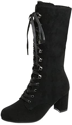 NUSGEAR Women Knee High Boots Ladies Chunky Block Heel Lace Up Mid Calf Military Combat Biker Boots Casual Plus UK Size 4.5-9.5 Black