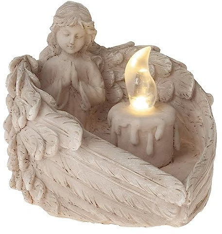 matches21 Grabschmuck Engel mit LED - Schönes Grablicht mit betenden Engel als Grabdekoration - Wetterfeste Grablaterne LED Kerze aus Kunststoff 13 cm