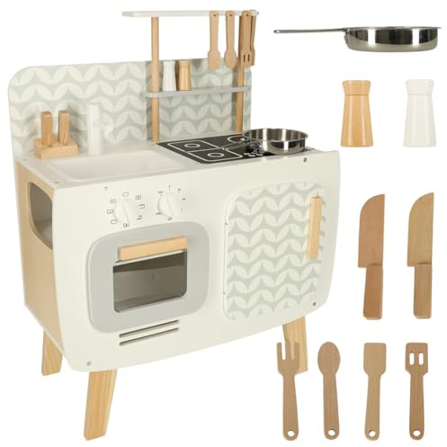 Cucina giocattolo legno per bambini da 3 a 6 anni - Cucinetta in legno con 9 accessori stile vintage - Gioco di cucina per Bambini in Legno con Forno, Lavello, Armadietto e Pulsanti