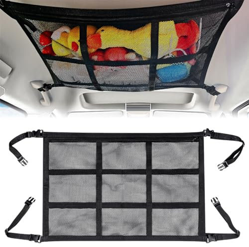Filet de rangement de toit de voiture - Double couche - Filet à bagages de voiture pour le rangement - Filet de rangement universel pour quatre accoudoirs de toit, Jeep, van et la plupart des types de