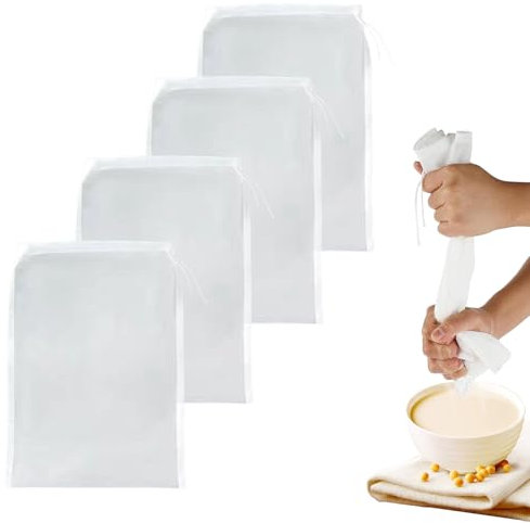 4 Stück Nussmilchbeutel,Passiertuch Wiederverwendbar,Filterbeutel Nylon Cloth Bags,Nut Milk Bag,Strainer mit Kordelzug Siebbeutel Fein,einweg joghurt-sieb kaffeefilter,für Brew Cheese Food Fruit