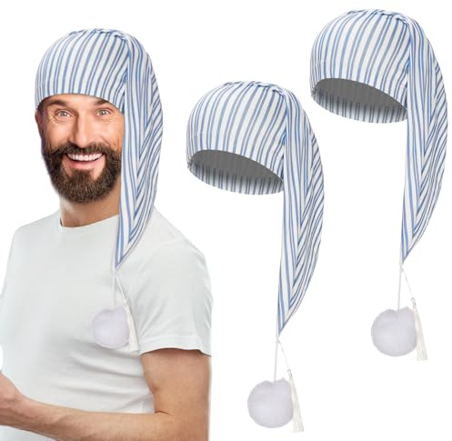 Regilt 2 Pcs Night Sleeping Cap Men Adjustable Drawstring Sleep Night Cap with Pom Pom for Costume Daily Party Supplies (Blue Stripe)