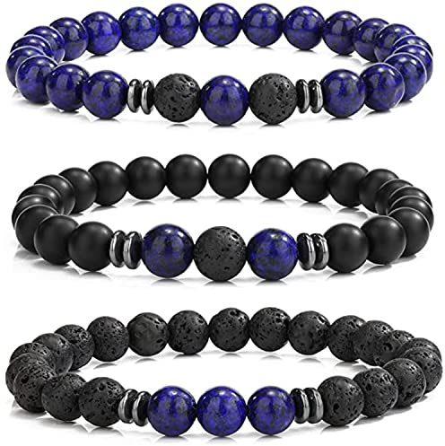 APMGONT 3PCS Hommes Pierre Naturelle Bracelet Set 8mm D'oeil De Tigre Lave en Perles Pierre Bracelet Extensibles pour Agate Naturelle Bijoux pour Homme (Lapis-lazuli)
