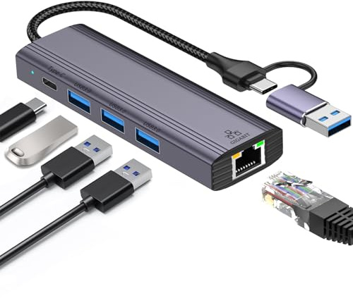 5-IN-2 USB C to Ethernet Adapter with 3*USB 3.0 & 1*USB C, USB 3.0 to RJ45 Gigabit LAN Network Adapter Nylon Braided & Aluminum Alloy Ethernet Hub for PS4/5, iPad, MacBook, Surface, Dell XPS