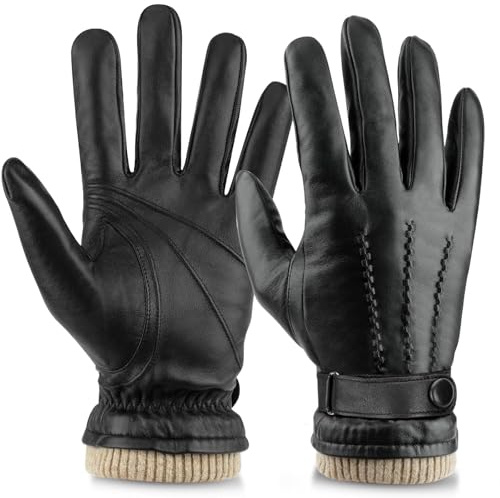 LOKZEER Mens Winter Gloves: Sheepskin Full-Finger Touchscreen Gloves Thermal Wool Lined Black Leather Gloves Warm Gifts for Dad or Husband Driving Motorcycle Travel (Black, L)