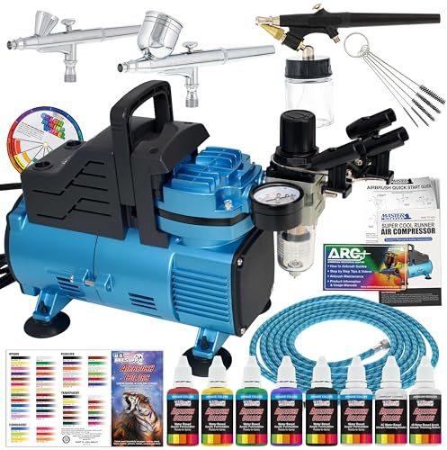 Master Airbrush Cool Runner - Compresor de aire de doble ventilador, kit de sistema de aerografía profesional con 3 aerógrafos, alimentación por gravedad y sifón, juego de pintura acrílica de 6
