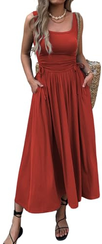 Mieazom Womenâs Boho Summer Maxi Dress with Pockets, Adjustable Waist, Sleeveless Casual Ruched Sundress for Beach Vacation Red L
