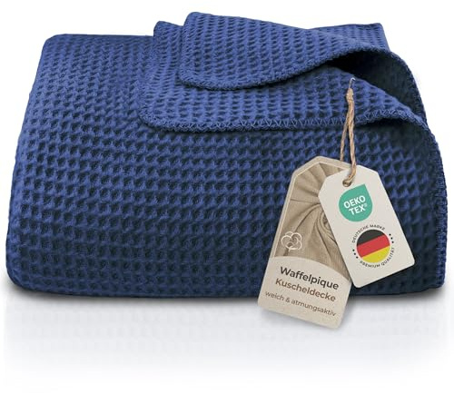 LAYNENBURG Premium Waffelpique Baumwolldecke 220x240 cm - Oeko-TEX 100 - Baumwollmix Kuscheldecke - Decke als Wohndecke, Sofa-Decke & Couchdecke - Wolldecke kuschelig-warm aus Baumwolle (blau)