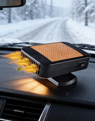 Otufan Riscaldatore per Auto Portatile, 200W 12V Riscaldamento Rapido 2 in 1 e Sbrinatore 360° per Parabrezza con Ventilazione (12V, Arancione)
