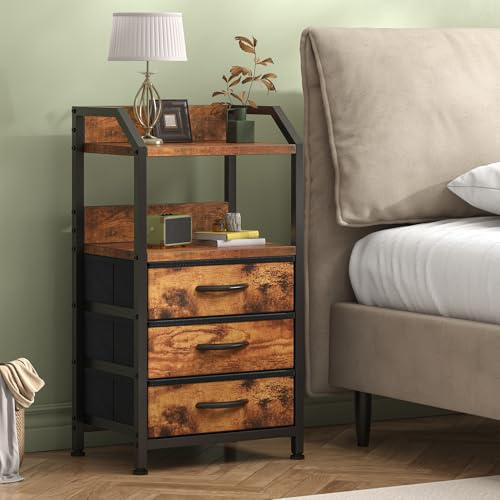 Feonase Bedside Table with 3 Fabric Drawers & Open Shelf, Nightstand for Bedroom, Living Room, Small Spaces – Metal Frame & Wooden Top, Compact Sofa End Table with Storage for Home Décor, Rustic Brown