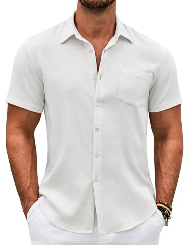 COOFANDY indumento Varonil Mangas Cortas Verano liviano Playa Casual Lino Bolsillos Pecho Ajuste clásico