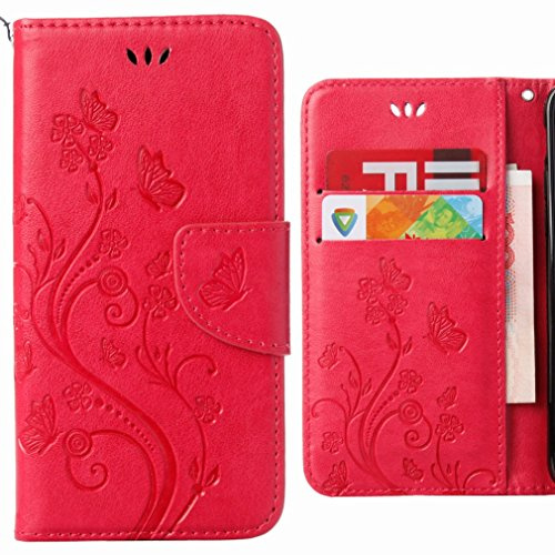Coque pour Asus Zenfone 3 Max / ZC520TL Etui, Ougger Fleur Papillon Housse PU Cuir Magnétique Silicone Protecteur Flip Pochette Caoutchouc Cover avec Fente pour Carte (Rose Red)