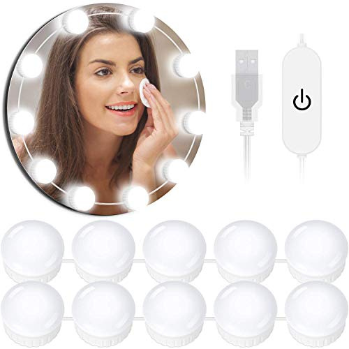 OUSFOT Miroir de toilette Câble USB Hollywood 10 ampoules LED à intensité variable 3,8 m Réglable avec 5 modes de luminosité sans miroir ni prise